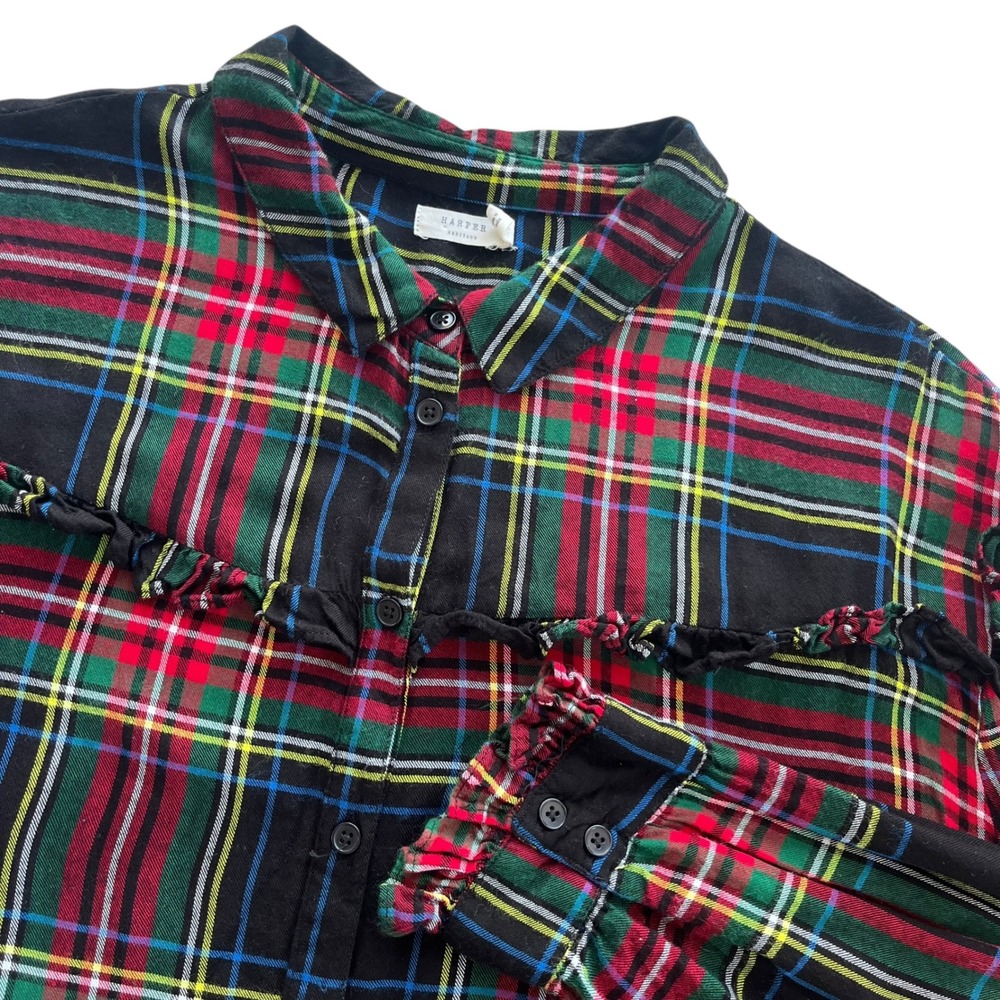 Harper Heritage Womens XL Black Red Multi Plaid Ruffle Long Sleeve Button Up Top